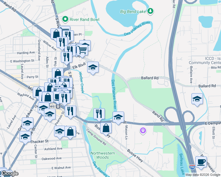 map of restaurants, bars, coffee shops, grocery stores, and more near 555 Wilson Lane in Des Plaines