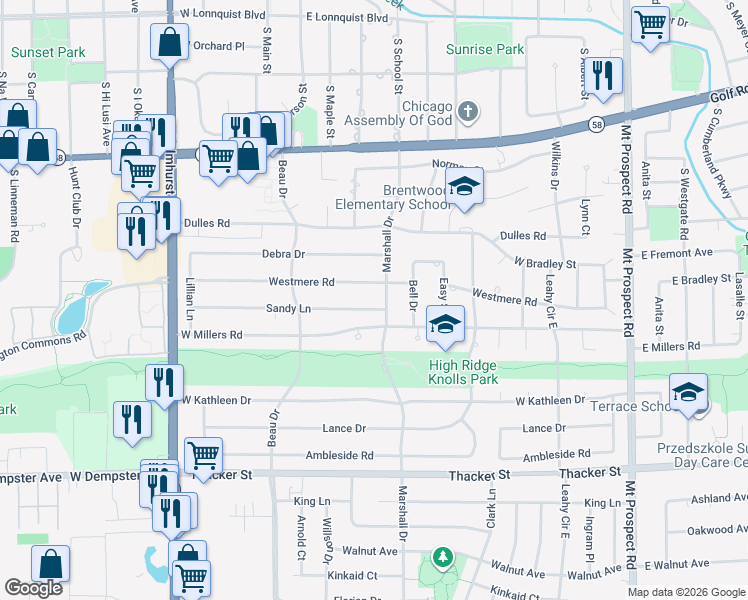map of restaurants, bars, coffee shops, grocery stores, and more near 461 Marshall Drive in Des Plaines