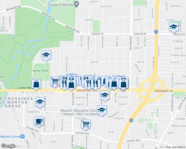 map of restaurants, bars, coffee shops, grocery stores, and more near 8902 Mansfield Avenue in Morton Grove