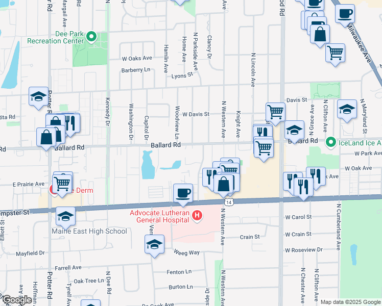 map of restaurants, bars, coffee shops, grocery stores, and more near 1725 Ballard Road in Park Ridge