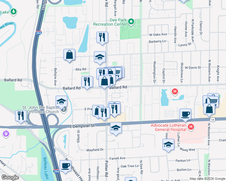 map of restaurants, bars, coffee shops, grocery stores, and more near 9396 Ballard Road in Des Plaines