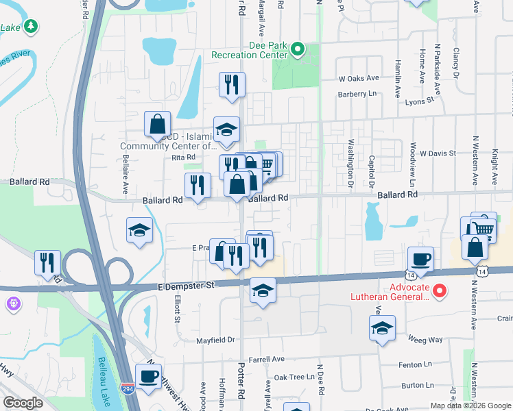 map of restaurants, bars, coffee shops, grocery stores, and more near 9375 Landings Lane in Des Plaines