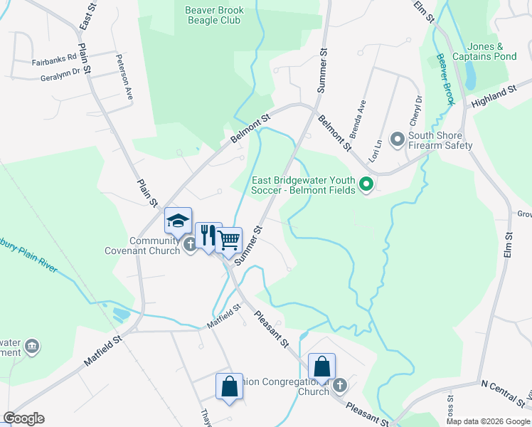 map of restaurants, bars, coffee shops, grocery stores, and more near 81 Summer Street in East Bridgewater