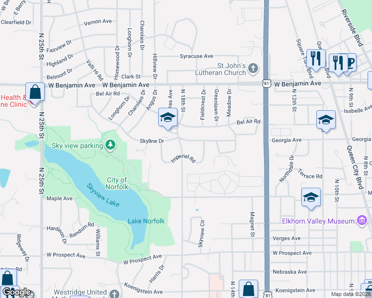 map of restaurants, bars, coffee shops, grocery stores, and more near 1000-1098 North 18th Street in Norfolk