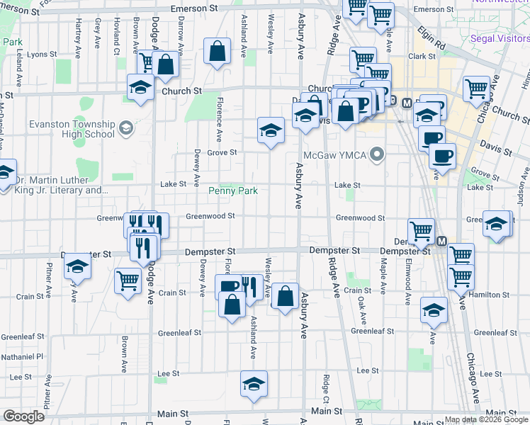 map of restaurants, bars, coffee shops, grocery stores, and more near 1400 Wesley Avenue in Evanston