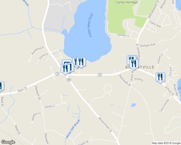 map of restaurants, bars, coffee shops, grocery stores, and more near 204 Main Street in Hanson