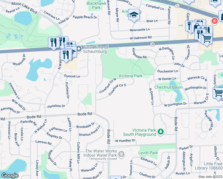 map of restaurants, bars, coffee shops, grocery stores, and more near 1550 Crowfoot Circle North in Hoffman Estates