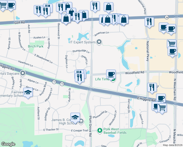 map of restaurants, bars, coffee shops, grocery stores, and more near 800 Woodfield Road in Schaumburg