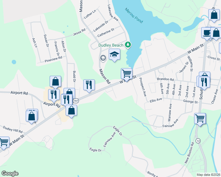 map of restaurants, bars, coffee shops, grocery stores, and more near 135 West Main Street in Dudley