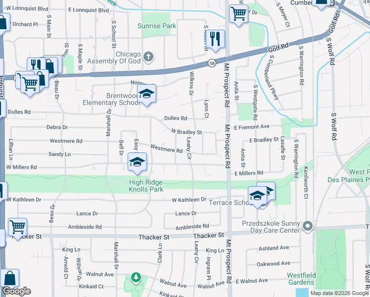 map of restaurants, bars, coffee shops, grocery stores, and more near 451 Farthing Lane in Des Plaines
