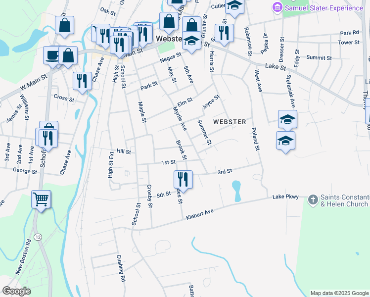 map of restaurants, bars, coffee shops, grocery stores, and more near 72 Myrtle Avenue in Webster