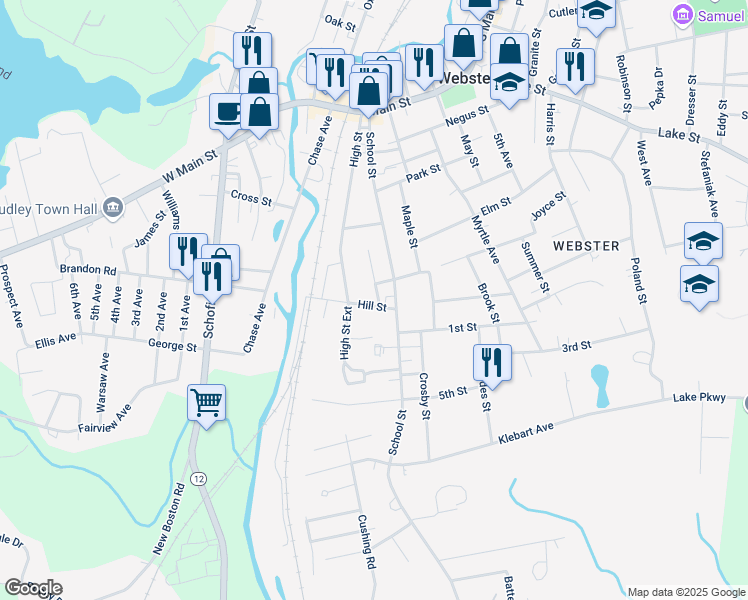 map of restaurants, bars, coffee shops, grocery stores, and more near 10 Day Lane in Webster