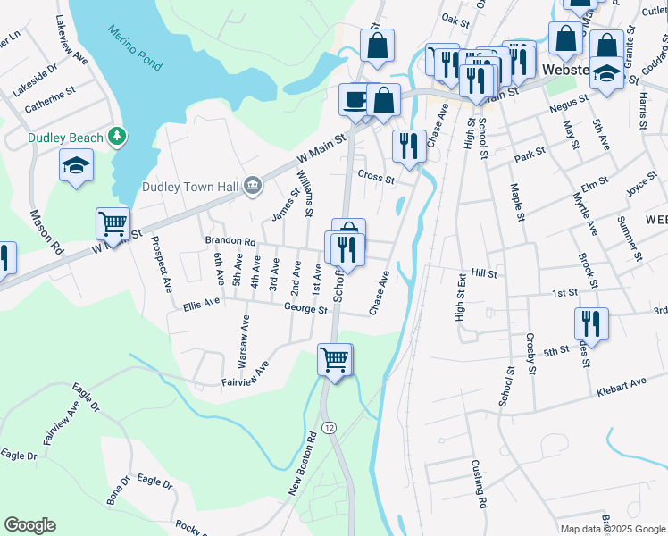 map of restaurants, bars, coffee shops, grocery stores, and more near 23 Brandon Road in Dudley