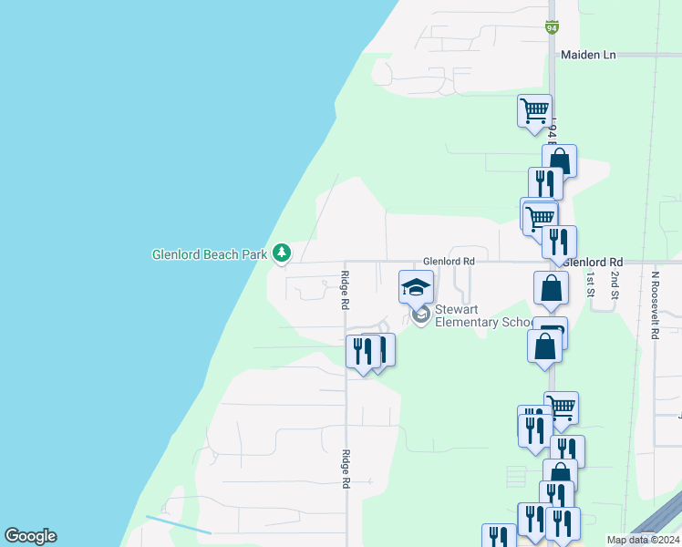 map of restaurants, bars, coffee shops, grocery stores, and more near 2928 Glenlord Road in Stevensville