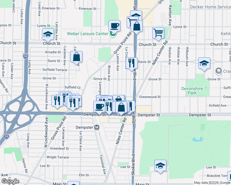 map of restaurants, bars, coffee shops, grocery stores, and more near 8931 Bronx Avenue in Skokie
