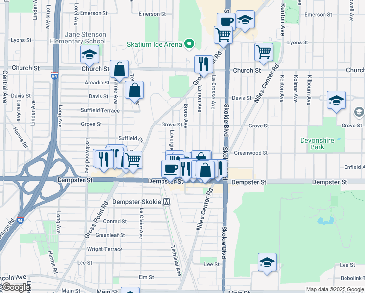 map of restaurants, bars, coffee shops, grocery stores, and more near 8927 Lavergne Avenue in Skokie