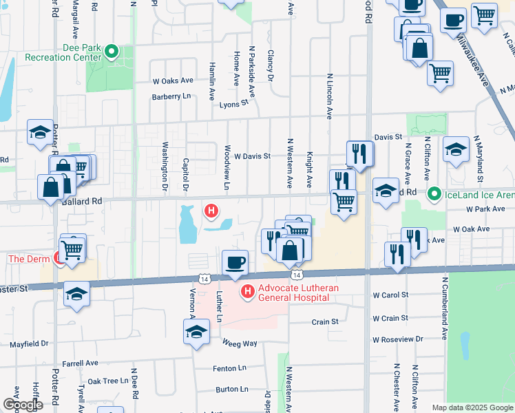 map of restaurants, bars, coffee shops, grocery stores, and more near 1650 Ballard Road in Park Ridge