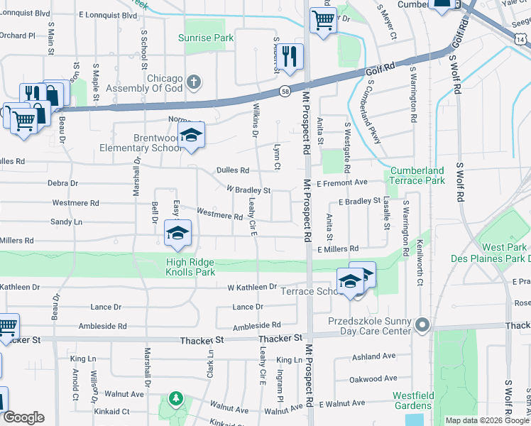 map of restaurants, bars, coffee shops, grocery stores, and more near 451 Leahy Circle in Des Plaines