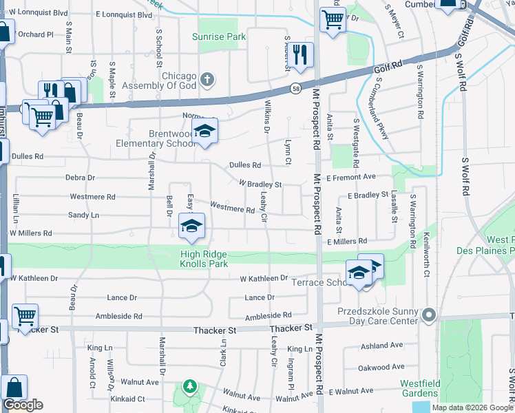 map of restaurants, bars, coffee shops, grocery stores, and more near 451 Farthing Lane in Des Plaines