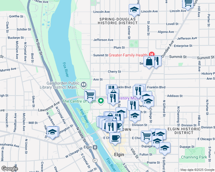 map of restaurants, bars, coffee shops, grocery stores, and more near 321 Douglas Avenue in Elgin