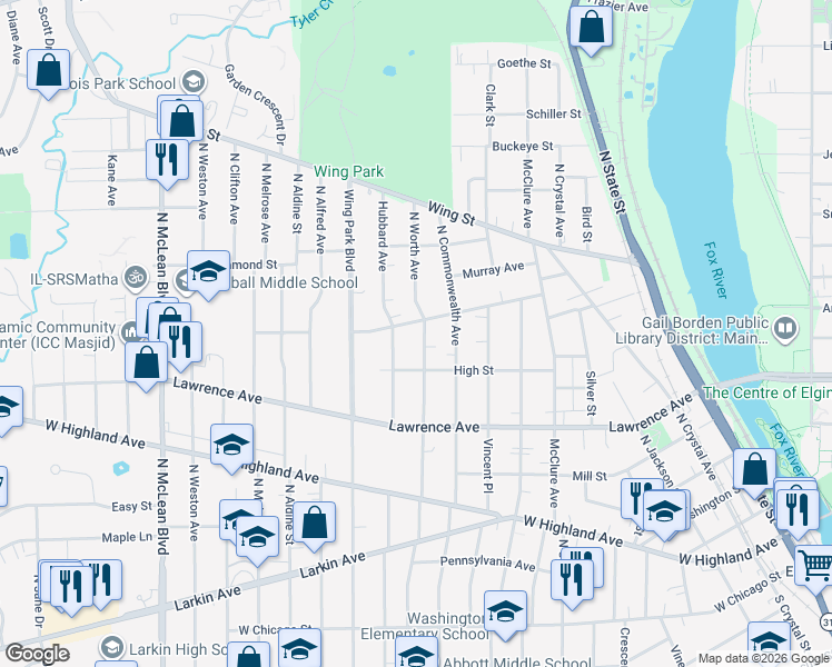 map of restaurants, bars, coffee shops, grocery stores, and more near 960 Oakley Avenue in Elgin