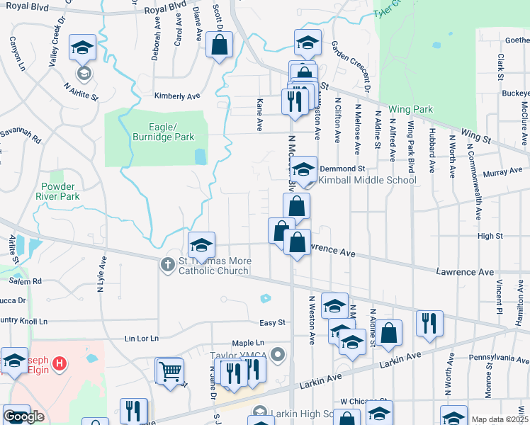 map of restaurants, bars, coffee shops, grocery stores, and more near 385 Triggs Avenue in Elgin