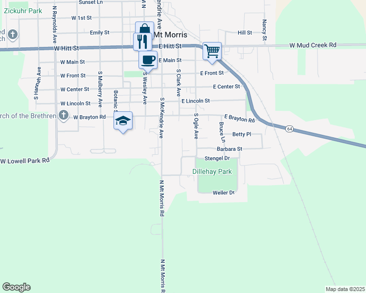 map of restaurants, bars, coffee shops, grocery stores, and more near 204 Barbara Street in Mount Morris