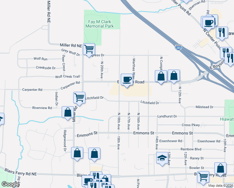 map of restaurants, bars, coffee shops, grocery stores, and more near 456 North 18th Avenue in Hiawatha