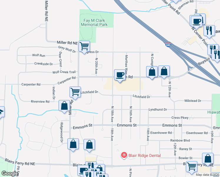 map of restaurants, bars, coffee shops, grocery stores, and more near 456 North 18th Avenue in Hiawatha