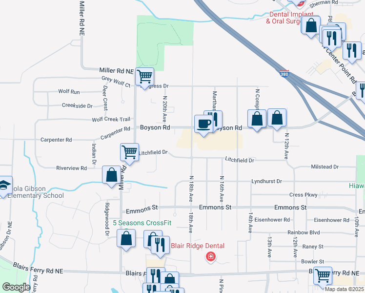 map of restaurants, bars, coffee shops, grocery stores, and more near 456 North 18th Avenue in Hiawatha