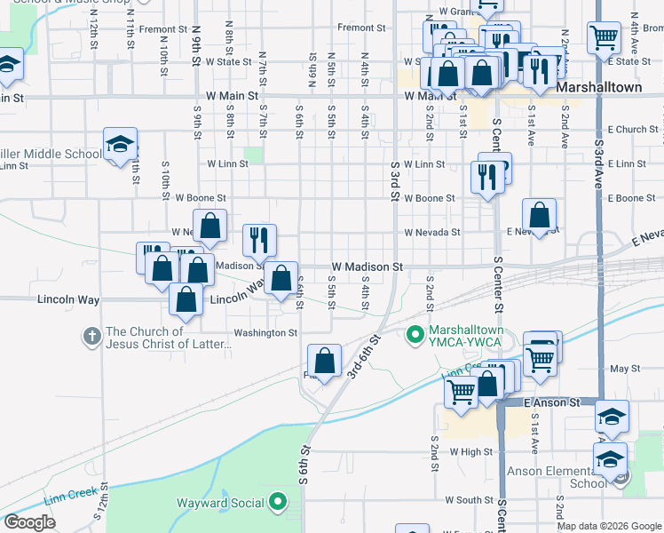 map of restaurants, bars, coffee shops, grocery stores, and more near 500 South 5th Street in Marshalltown