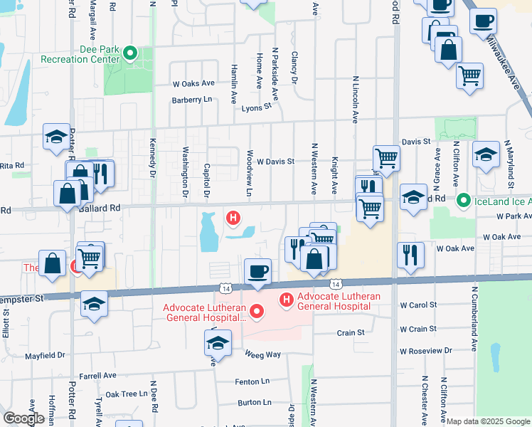 map of restaurants, bars, coffee shops, grocery stores, and more near 1725 Ballard Road in Park Ridge