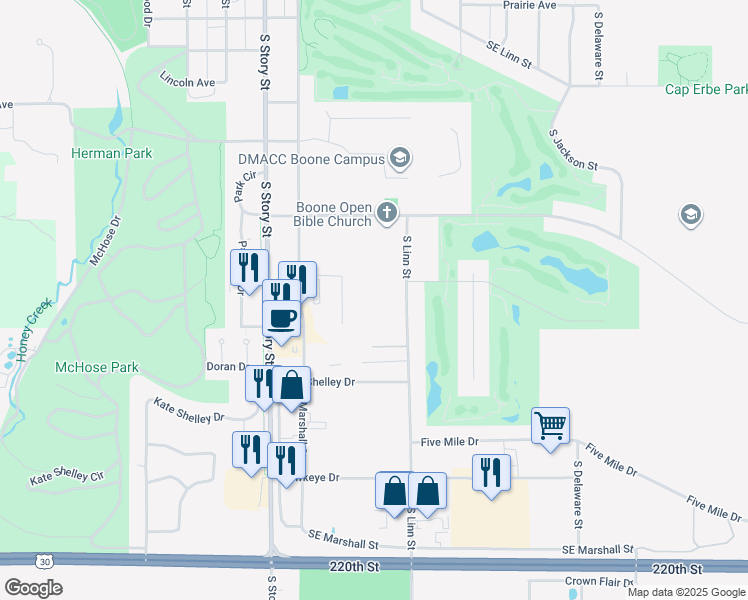 map of restaurants, bars, coffee shops, grocery stores, and more near 1219 South Linn Street in Boone