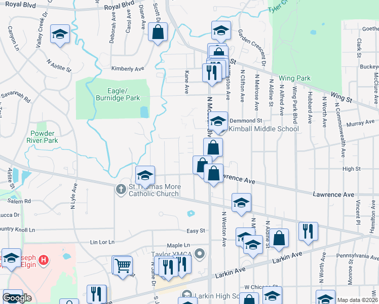 map of restaurants, bars, coffee shops, grocery stores, and more near 385 Triggs Avenue in Elgin