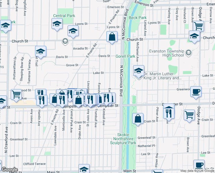 map of restaurants, bars, coffee shops, grocery stores, and more near 8926 Ewing Avenue in Evanston