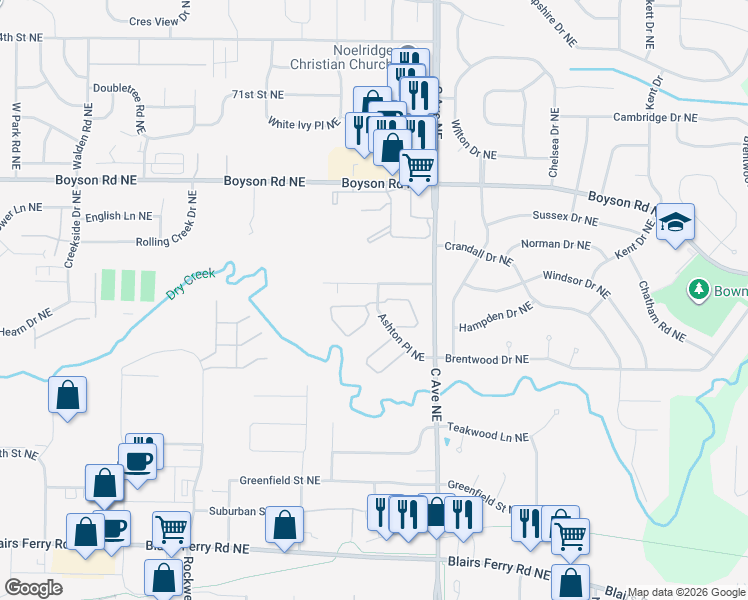 map of restaurants, bars, coffee shops, grocery stores, and more near 581 Ashton Place Northeast in Cedar Rapids