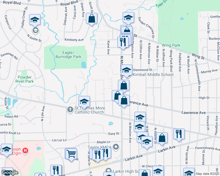 map of restaurants, bars, coffee shops, grocery stores, and more near 362 Heine Avenue in Elgin