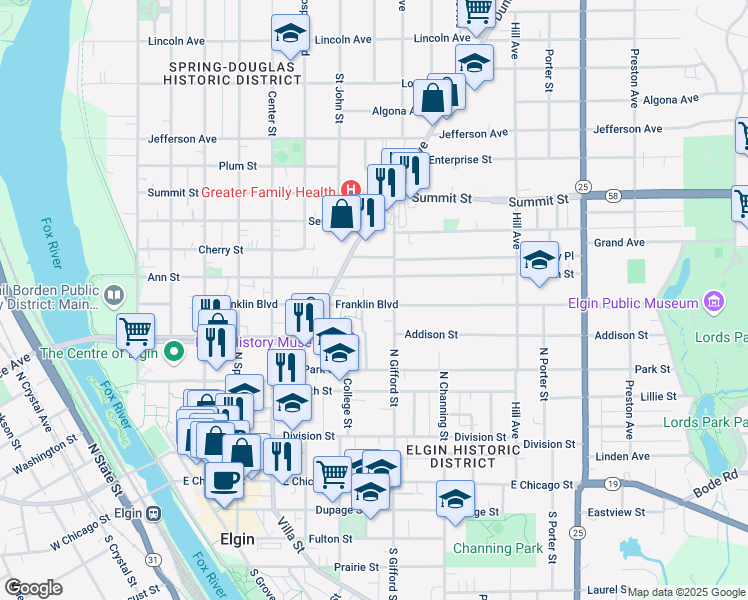 map of restaurants, bars, coffee shops, grocery stores, and more near 356 Franklin Boulevard in Elgin