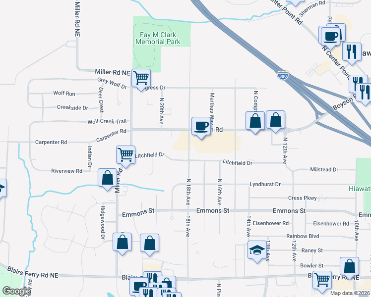 map of restaurants, bars, coffee shops, grocery stores, and more near 456 North 18th Avenue in Hiawatha