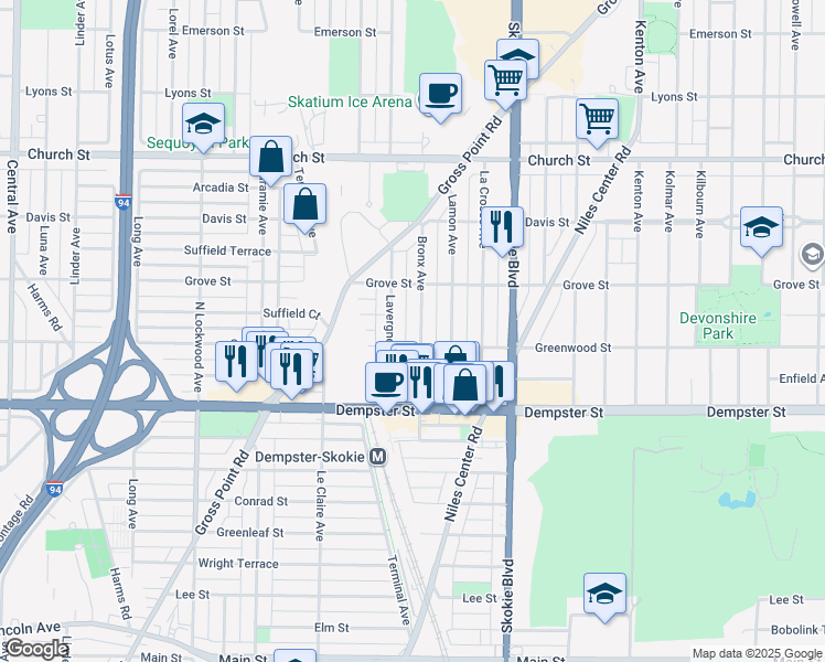 map of restaurants, bars, coffee shops, grocery stores, and more near 8912 Bronx Avenue in Skokie