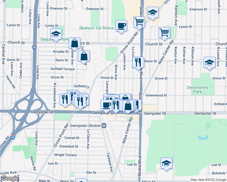 map of restaurants, bars, coffee shops, grocery stores, and more near 8927 Lavergne Avenue in Skokie