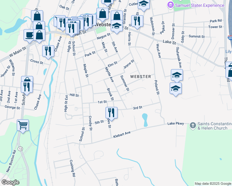 map of restaurants, bars, coffee shops, grocery stores, and more near 72 Myrtle Avenue in Webster