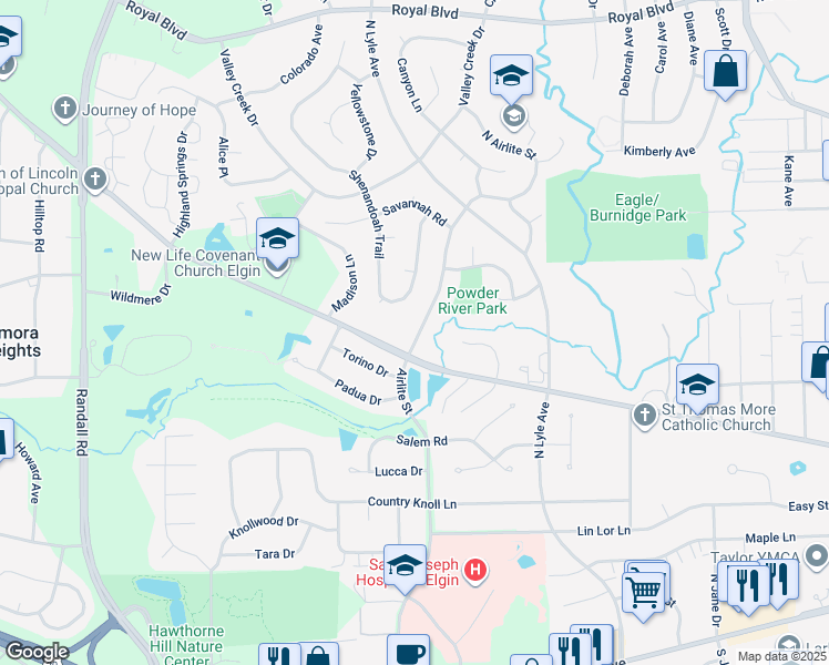 map of restaurants, bars, coffee shops, grocery stores, and more near 342 North Airlite Street in Elgin