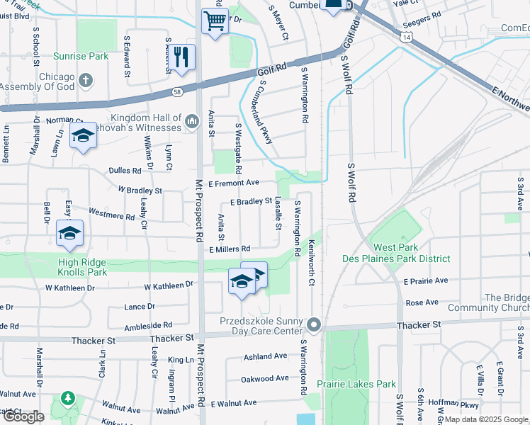 map of restaurants, bars, coffee shops, grocery stores, and more near 161 East Bradley Street in Des Plaines