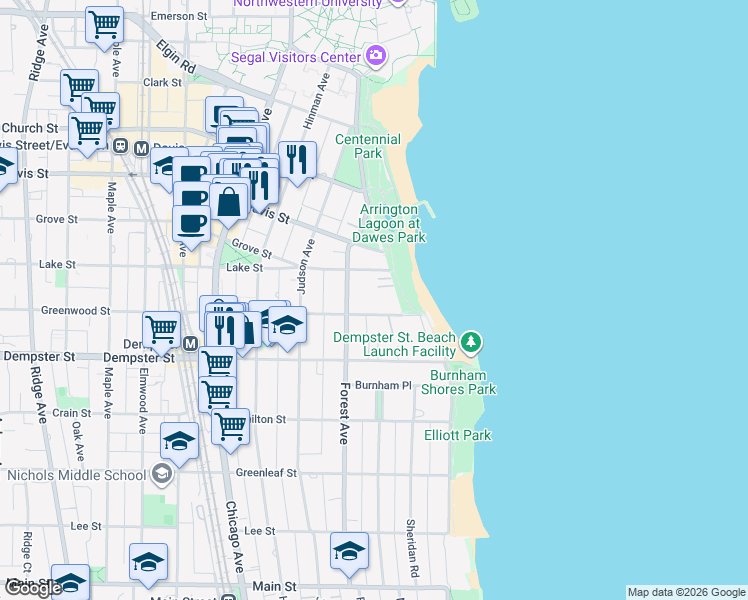 map of restaurants, bars, coffee shops, grocery stores, and more near 225 Greenwood Street in Evanston