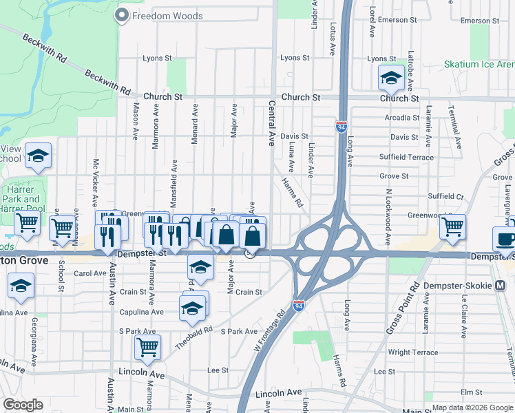 map of restaurants, bars, coffee shops, grocery stores, and more near 8918 Parkside Avenue in Morton Grove