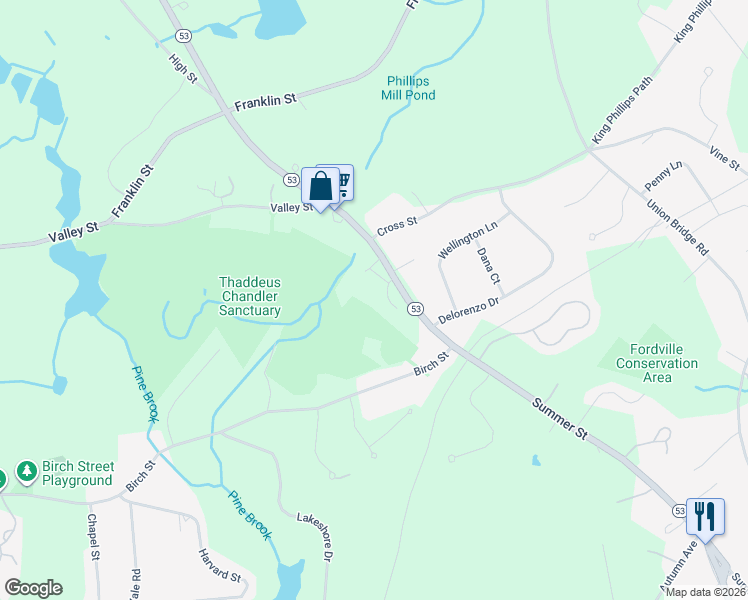 map of restaurants, bars, coffee shops, grocery stores, and more near 600 Summer Street in Duxbury