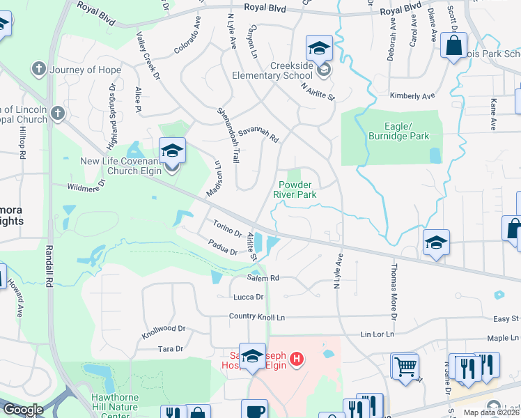map of restaurants, bars, coffee shops, grocery stores, and more near 334 North Airlite Street in Elgin