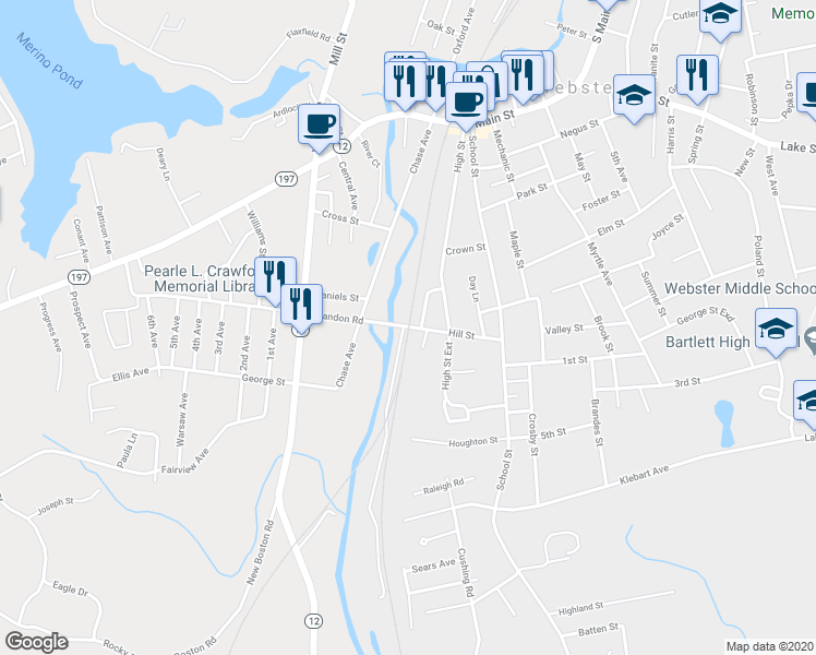 map of restaurants, bars, coffee shops, grocery stores, and more near 32 Hill Street in Webster