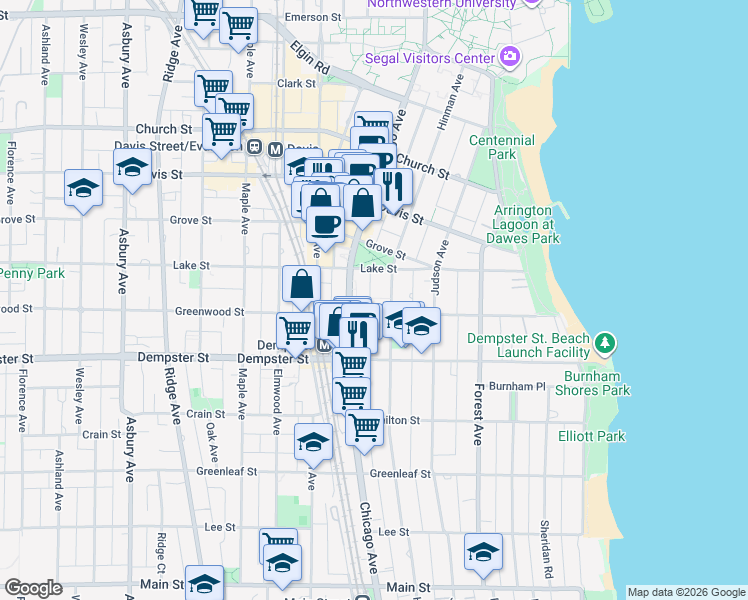 map of restaurants, bars, coffee shops, grocery stores, and more near 1408 Hinman Avenue in Evanston